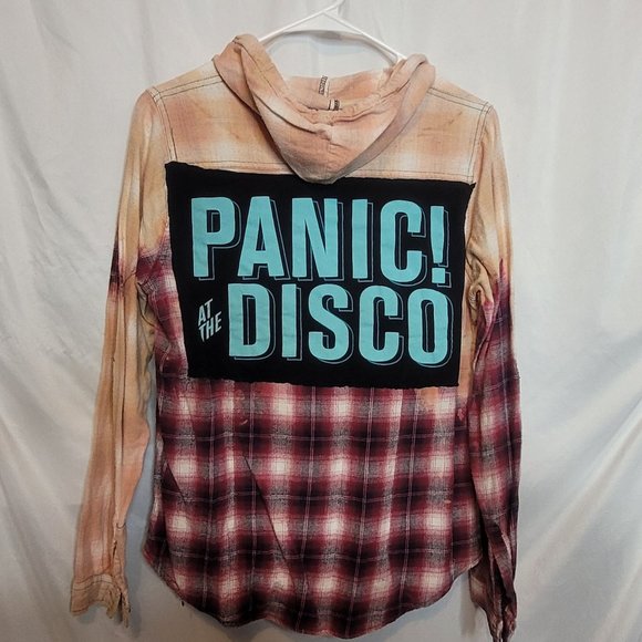 Panic At The Disco Upcycle Hooded Flannel Shirt Polly Esther Size Small - Picture 1 of 8
